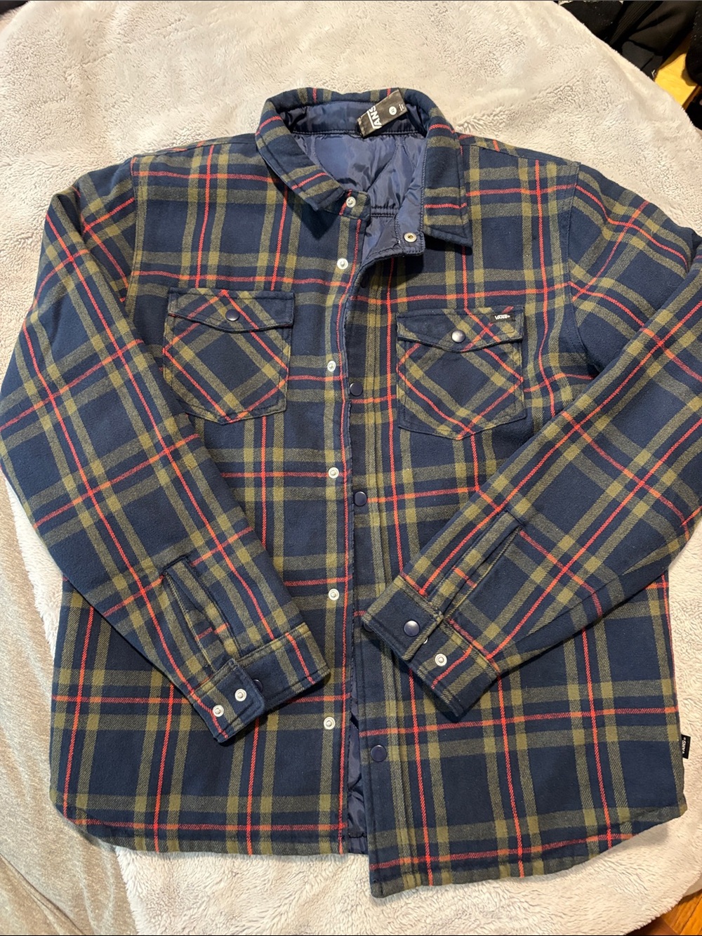 NWOT Boys Navy Plaid Quilted Shirt Jacket - Navy, Green & Red Size XL